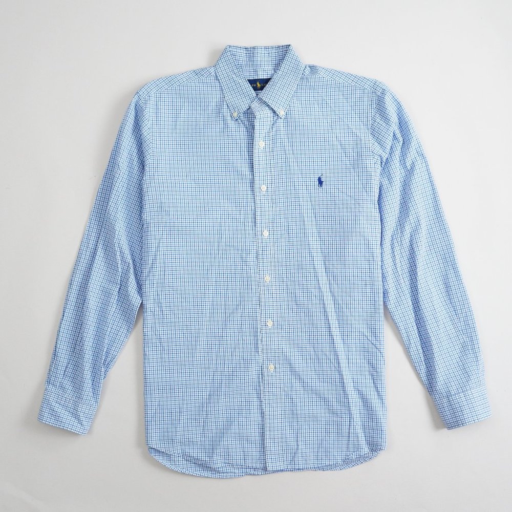 Ralph Lauren Button Down Long Sleeve Cotton Shirt Gingham Plaid Blue Mens Size L